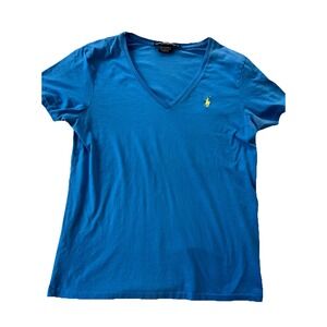Ralph Lauren‎ Sport Blouse Women's L Blue Short Sleeve V-Neck Stretch Shirt